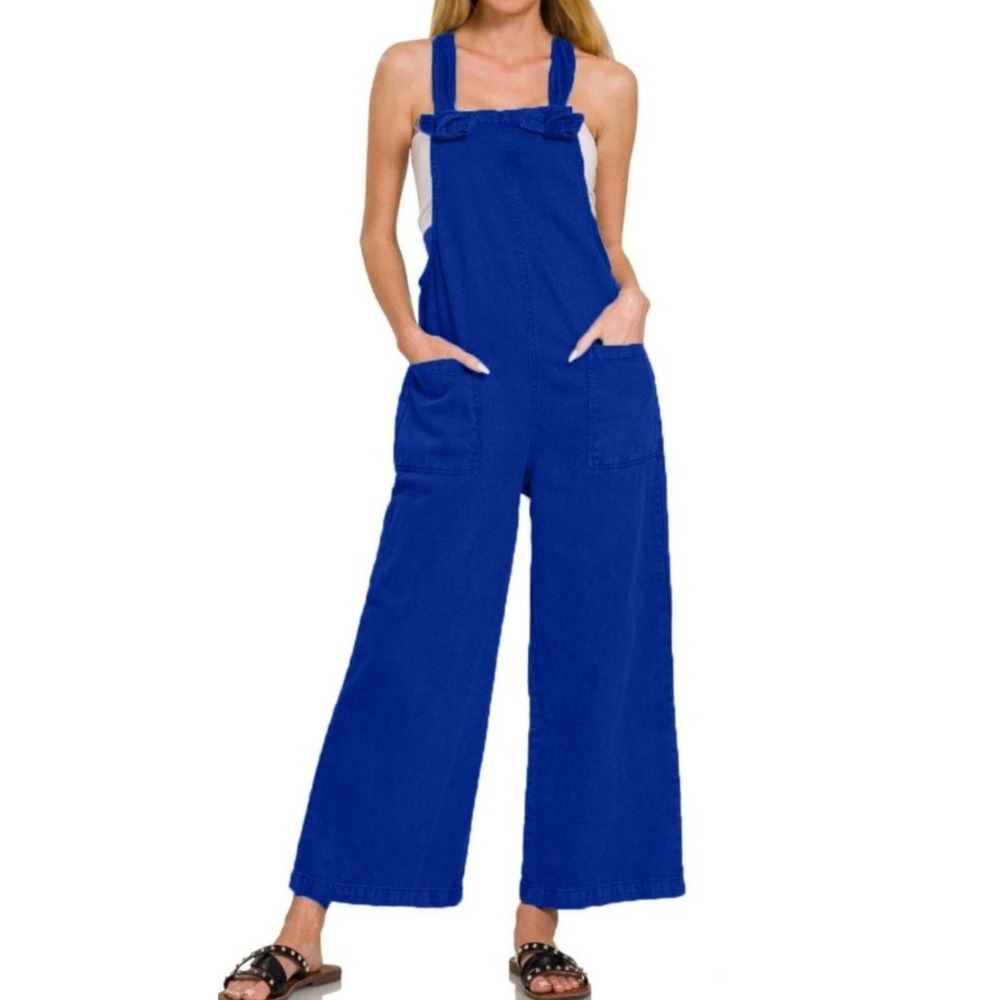 Zenana Woven Knot Strap Overalls Lt Navy Wide Leg Jumpsuit Medium 7301Y